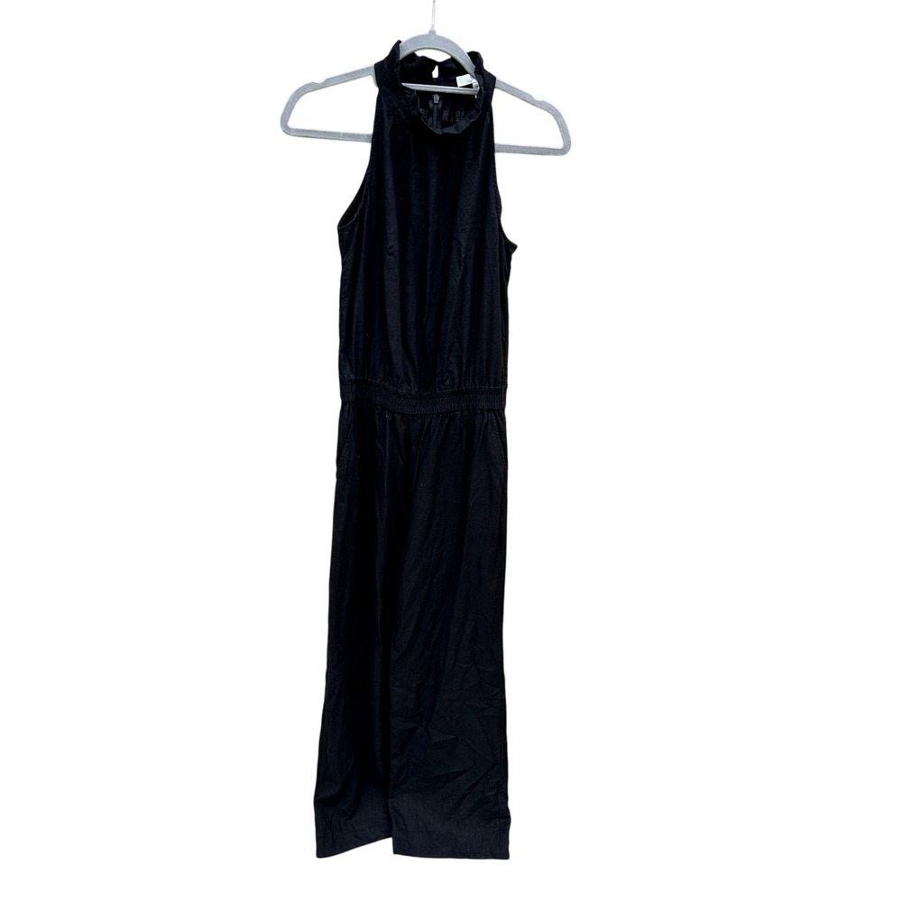 1901 Ruffle neck, linen blend, black, wide leg, sleeveless pantsuit.  Sz XS‎